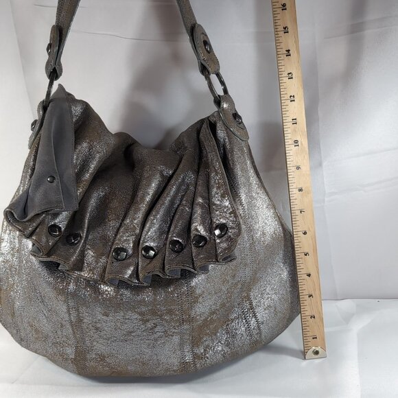 7 For All Mankind Leather Purse Shoulder Bag Silver Distressed Studded Hobo Flap - Picture 9 of 16